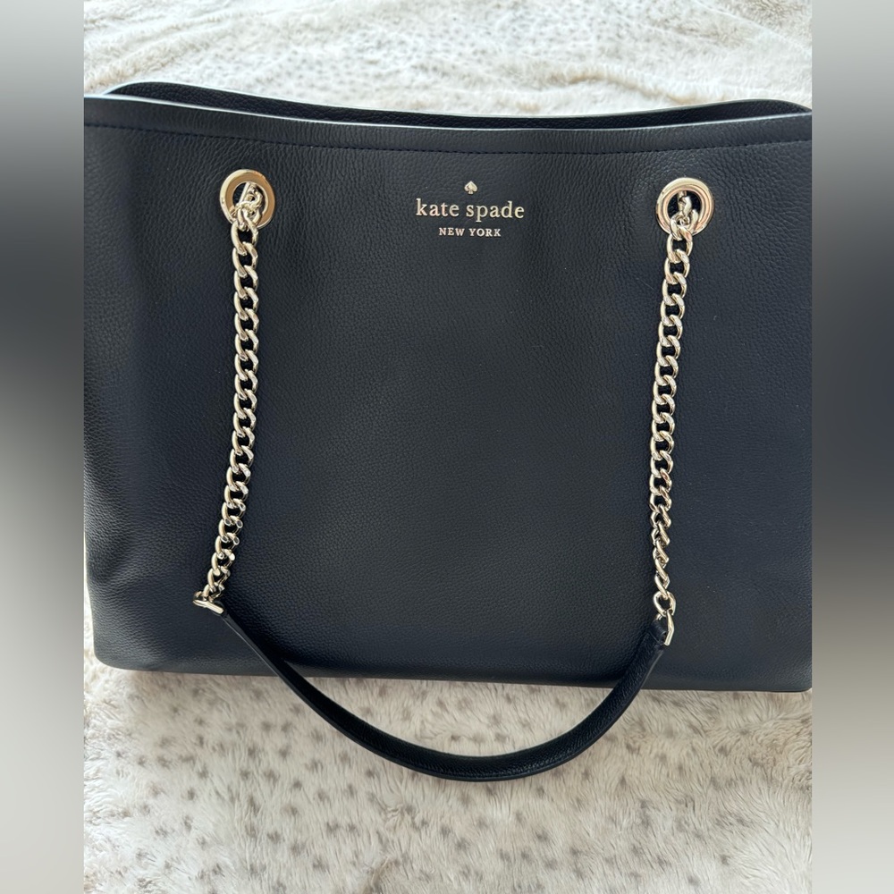 Kate Spade Large Black Leather Tote Bag with Gold Chain Laptop Compartment - Picture 4 of 12